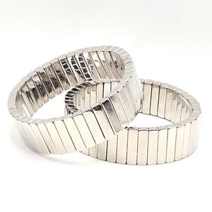 Set of 2 Silver Tone Metallic Tile Chicklet Bracelet Stretch Stackable